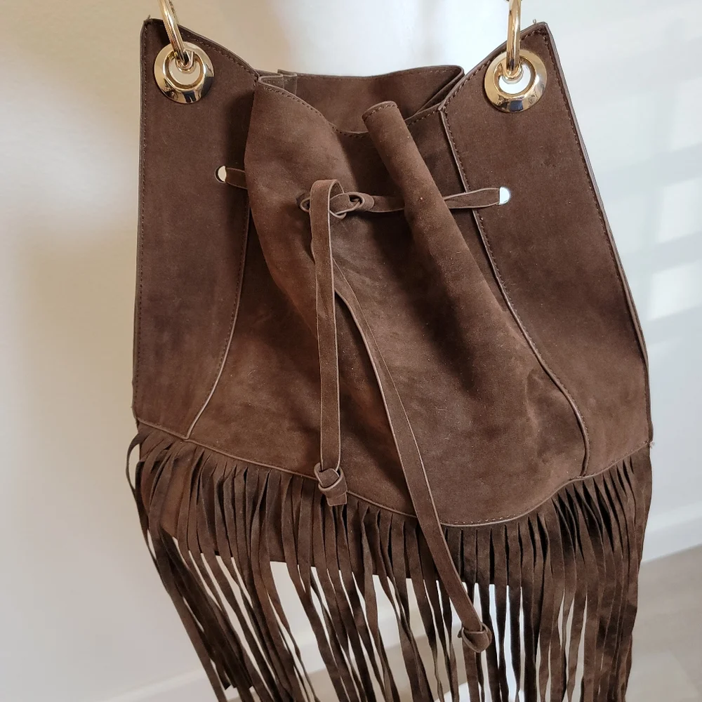 Boho Brown Faux Leather Crossbody Handbag Eith Fringe - Picture 2 of 6